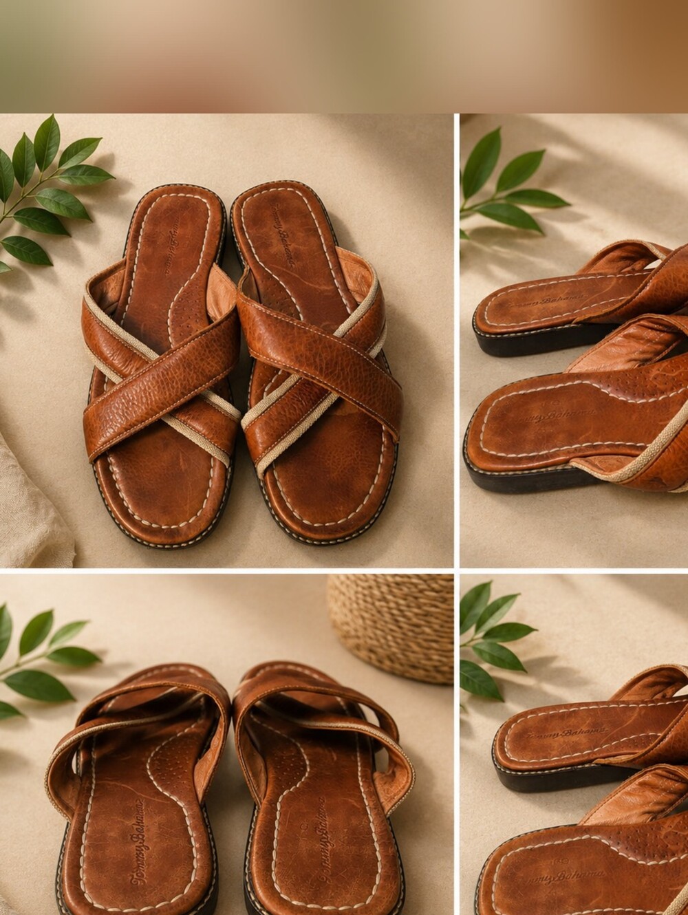 Tommy Bahama Brown Leather Cross-Strap Slide Sandals. Size 11M